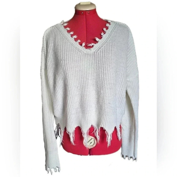 Full Tilt Tops - Full Tilt, Size L, Cream Destroyed Sweater